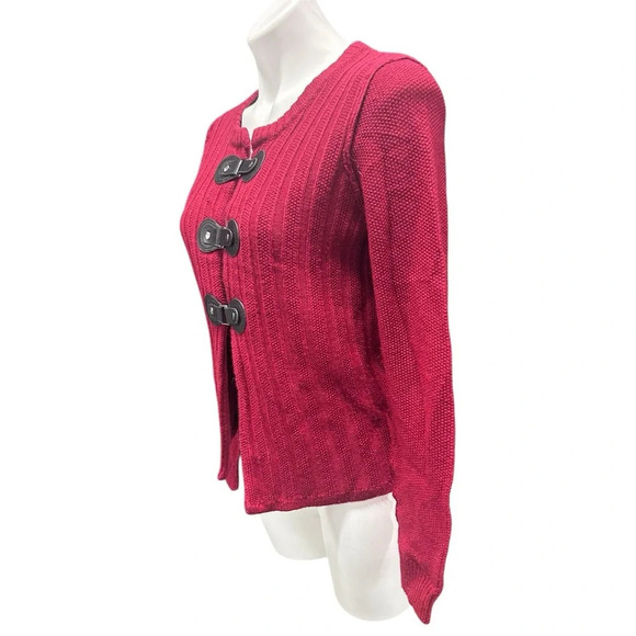 Tahari Cardigan Merino Wool Blend Buckle Snap Ribbed Christmas Holidays - Picture 2 of 7
